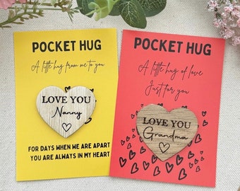 NAN POCKET HUG - Heart shaped - Nanny Gift - Oak 4cm - Letterbox Gift - Best Grandma - Love you nanny - Can be personalised