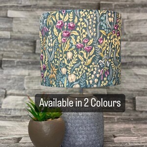 Floral Drum lampshade or ceiling shade, Lamp Shade, Handmade, ILiv Kelmscott, Jade or Jewel colour, Flowers, Meadow fabric