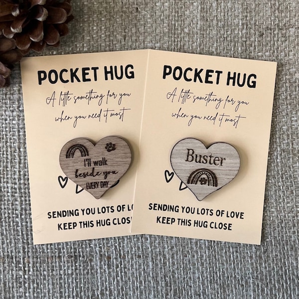 PET POCKET HUG - Pet Memory - Pet Loss - Personalised - Letter Box Gift - Oak Wood Heart with card - Rainbow Bridge