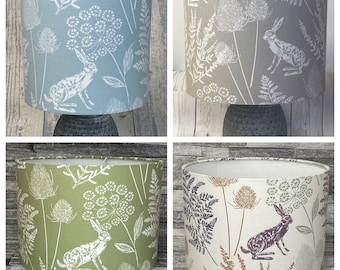 HARE DRUM LAMPSHADE - For Ceiling or Table Lamp - Kielder Fabric - Green - Grey - Blue - Multi Colours - Made to Order - Cottage Style Home