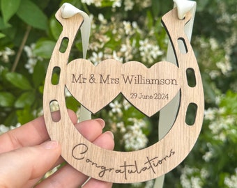 PERSONALISED WEDDING HORSESHOE Gift - Laser Engraved Oak Veneer
