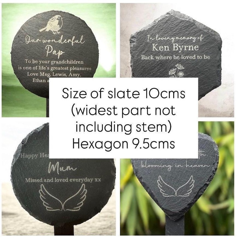 size of slate 10 cm across widest part not including stem. The hexagon is nine.5 cent I’m