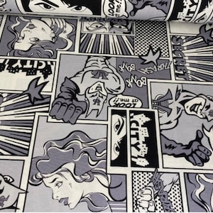 Comic Book Fabric, Black and White, Monochrome, Superhero