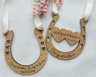 Personalised Wedding Horseshoe Gift: Engraved Oak Veneer, Good Luck Keepsake