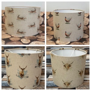 Drum lampshade or Ceiling shade, Highland Cow, Stag, Hare, Pheasant, Peacock, Made to Order, Fabric, Country, 20cm, 25cm, 30cm, 35cm, 40cm