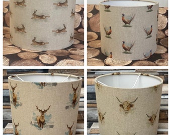 Drum lampshade or Ceiling shade, Highland Cow, Stag, Hare, Pheasant, Peacock, Made to Order, Fabric, Country, 20cm, 25cm, 30cm, 35cm, 40cm