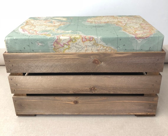 Apple Crate Seat Wooden Footstool Child S Stool Toy Storage Atlas Fabric World Map