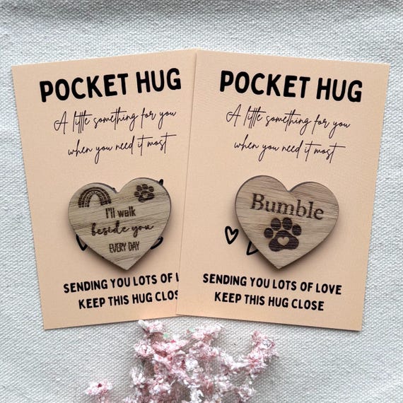 PET POCKET HUG - Pet Memory - Pet Loss - Personalised - Letter Box Gift - Oak Wood Heart with card - Rainbow Bridge