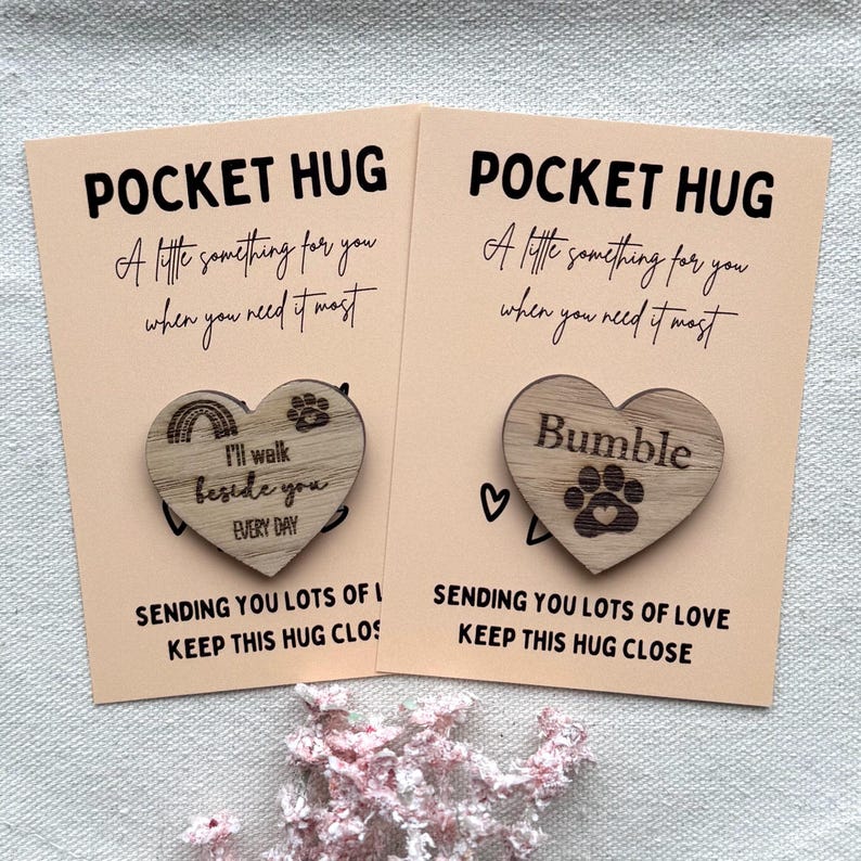 pocket hug heart for pet loss. 
wooden heart attached to card.