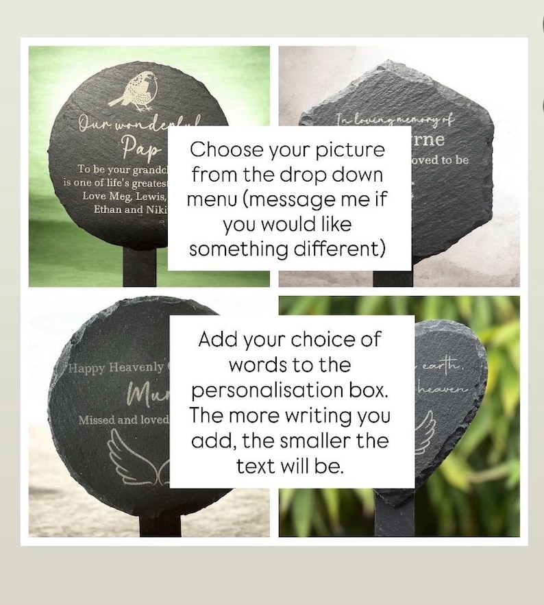 choose your picture from the drop-down menu. Please message me if you would like a different image. Add your choice of words to the personalisation box. The more words you add the smaller the writing will be.