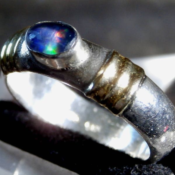 Very Fine Unusual Antique Victorian Silver Signet Ring – Precious Rainbow Opal Doublet Crystal Capped with Gold Ascent Shoulders Circa: 1880