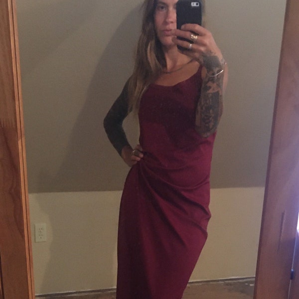 Sale 90s slip dress wine burgundy 1990s stretch stretchy grunge XS S M extra small medium made in USA bodycon made in USA knit tank maxi
