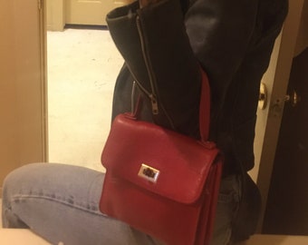 1960s leather mini bag red 60s real genuine thick leather 70s 1970s tiny cute baby turnlock brass small shoulder square purse rocker hippie