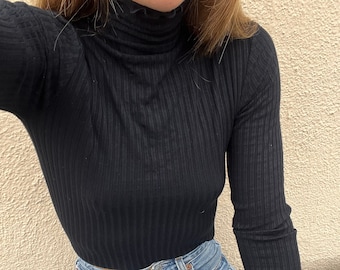 Sale 90s rib turtleneck black XS S size extra small ribbed made in USA 100 rayon ruffle edge lettuce 1990s minimalist knit top slim fit 70s
