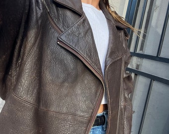 Sale Distressed brown leather jacket oversized North Beach Leather 80s 90s 1980s 1990s motorcycle biker aviator bomber buttery soft thick S