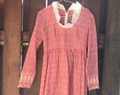 SALE 70s eyelet maxi dress cotton scoop neck prairie gingham 1970s mod 60s 1960s checked red and white lightweight thin lace long sleeve