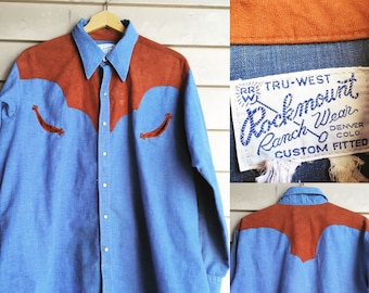 M/L 70s Rockmount Ranchwear western shirt M L medium large ranch wear custom made chambray light blue denim ultrasuede brown country western