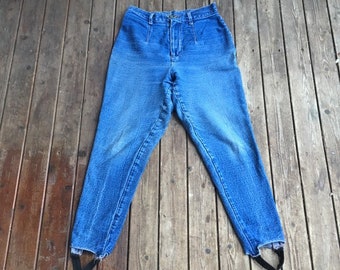 29/30 high waist stirrup jeans 80s 1980s acid wash washed blue denim cotton spandex stretch jeans skinny Bill Blass USA made in America 29