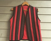 S M 1970s patchwork folk vest calico red and black patch work quilted waistcoat size S M small to medium 1970s 60s 1960s Woodstock era boho