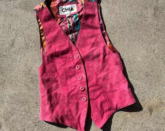 90s Suede vest hot pink xs s 1990s 80s 1980s Chia real leather jacket tank top 1990s silky fairycore balletcore coastal cowgirl extra small
