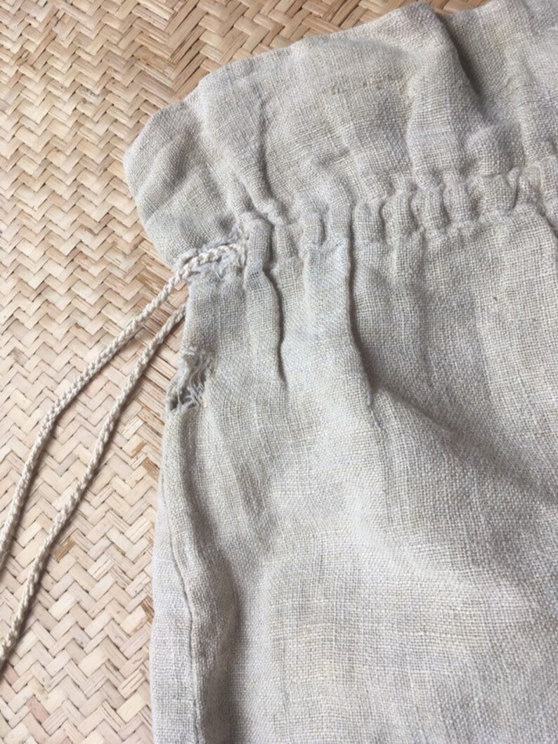 French linen bag antique drawstring big large handwoven storage bag natural handmade old travel handbag purse luggage gray beige crochet