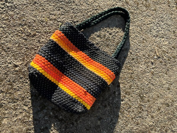 1970s mini bag handwoven woven black orange red s… - image 4