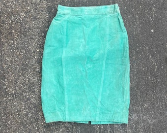 XS Suede skirt jade green high waist real leather 80s 90s 1980s 1990s 23 24 2xs xxs extra small vtg size 2 Chia real leather genuine Korea 0