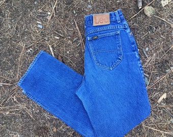 30 high waist Lee jeans union label tag made in USA mid blue indigo 28 29 30 M L size medium to large vtg 14 petite short ankle mom jean 80s