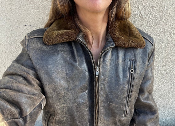 1940s horsehide flight jacket bomber B-3 mouton collar sheepskin shearling  lining real genuine antique true vintage vtg XS S M extra small