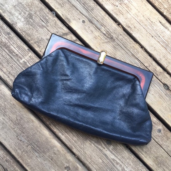 SALE 1970s Italian leather clutch lucite 70s handbag Italy purse evening bag minimal minimalist gold hardware buckle clasp navy blue 70s
