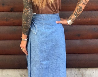 Denim Wrap Skirt Midi 25 26 XS S Extra Small to Small Light Blue