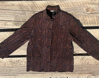 1970s quilted velvet jacket black brown paisley XS S M size extra small to medium velour 70s quilt coat liner hippie boho rocker minimalist