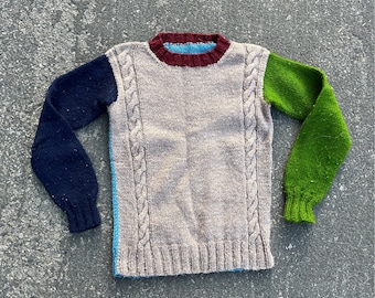 Hand knit colorblock sweater cable handknit crochet pullover top shirt jumper warm winter granny square multicolor multi XS XXS 2xs melange
