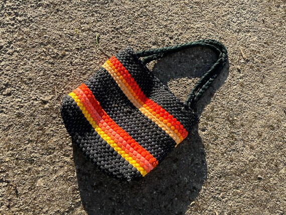 1970s mini bag handwoven woven black orange red s… - image 3