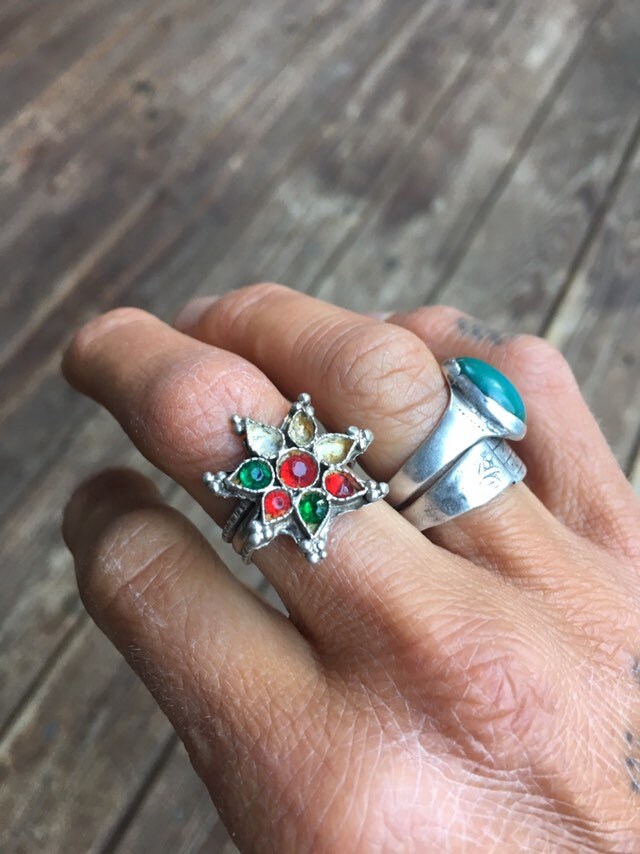 6 India Old Silver Ring Antique Indian Rajastan Gypsy Nomad Glass Inset ...