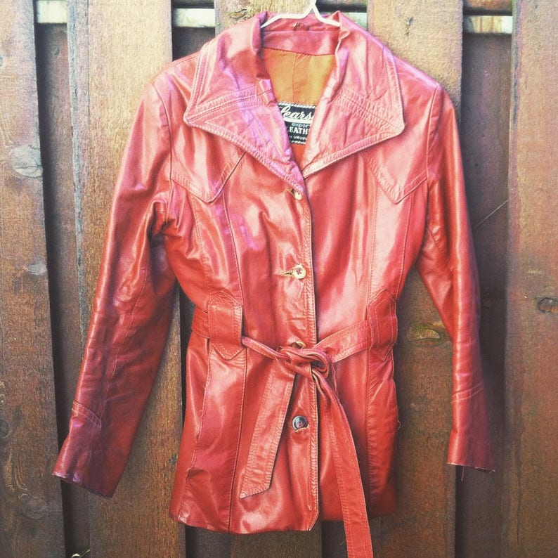 S M 70s Belted Leather Jacket Mid Hip Length Small Um Image 0