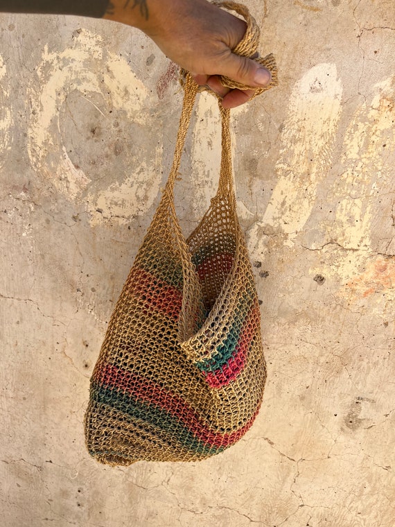 1970s crochet basket bag hobo sling tote - image 2