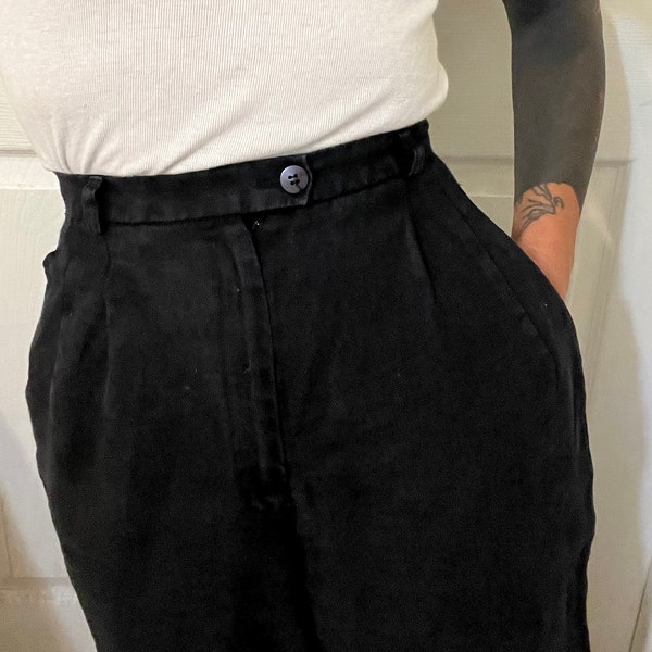 High waist linen pants black menswear inspired wide leg 23 24 25 XS 2xs xxs black size extra small pleated pleats wide straight leg cropped