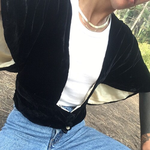1930s silk velvet jacket 20s 30s 1920s XS S extra small blouse shops top crop cropped boxy angel bell sleeve plunge plunging antique clothing vtg