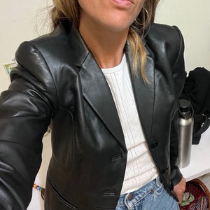 Y2K Minimalist Leather Office Blazer in Deep Black (L)