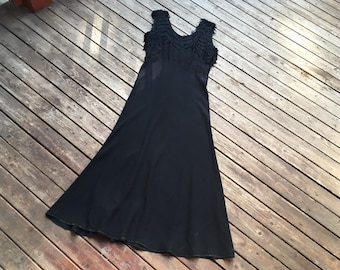 1930s crepe dress fringe bodice black sleeveless A line bias cut maxi dress 30s Old Hollywood true vintage antique real vintage gothic glam