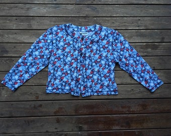 SALE 90s Cropped floral top blue red white rose roses cardigan knit crop top 1990s cotton XS S M size extra small medium made in USA B
