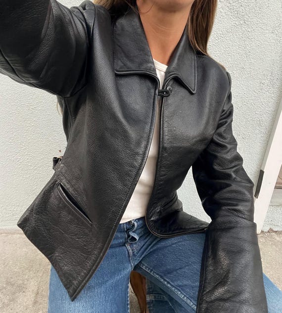 90s Black Leather Jacket Thick XS S Size Extra Small 1990s