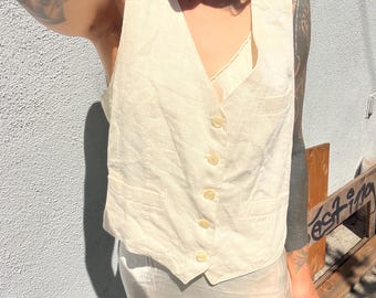 Lniana kamizelka z lat 90., minimalistyczna, biała, kremowa, ecru, rozmiar S, rozmiar M, wyprodukowano w USA, prawdziwy vintage