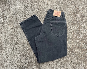 34 35 Levi's 550 jeans 550s black distressed faded dark gray 90s 1990s wide leg relaxed fit grunge 33 32 30 high waist rise oversized fade