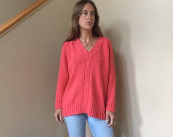 XS/S Silk cotton boxy sweater 90s crop top cropped sweater XS S fuchsia hot pink coral silk blend heavyweight heavy thick warm winter 1990s