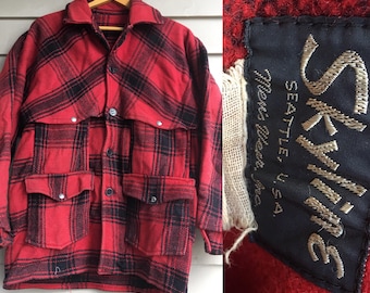 Sale 1930s wool hunting jacket red black plaid checked Skyline of Seattle L large S small M old antique worn winter warm logger lumberjack