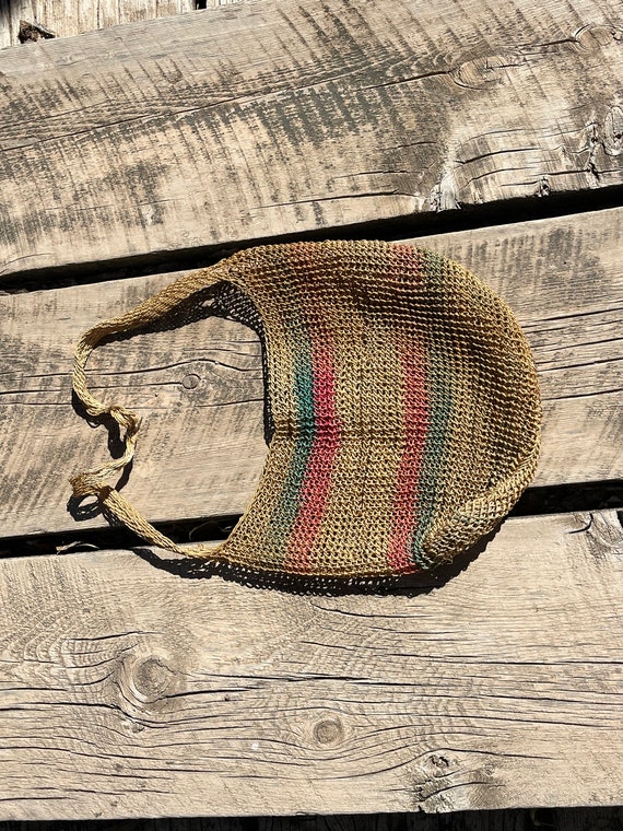 1970s crochet basket bag hobo sling tote - image 3