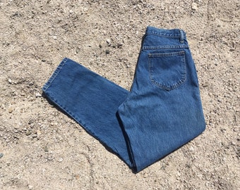 28 high waist jeans 90s 1990s medium blue indigo stonewashed mom jeans tapered high rise 26 27 4 6 8 S small M 100 cotton rigid denim USA S