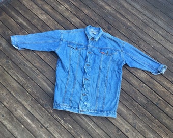 S/M 80s Jordache denim jacket barn jacket long chore coat blue jean jeans light blue S M size small to medium 1980s 90s 1990s workwear work